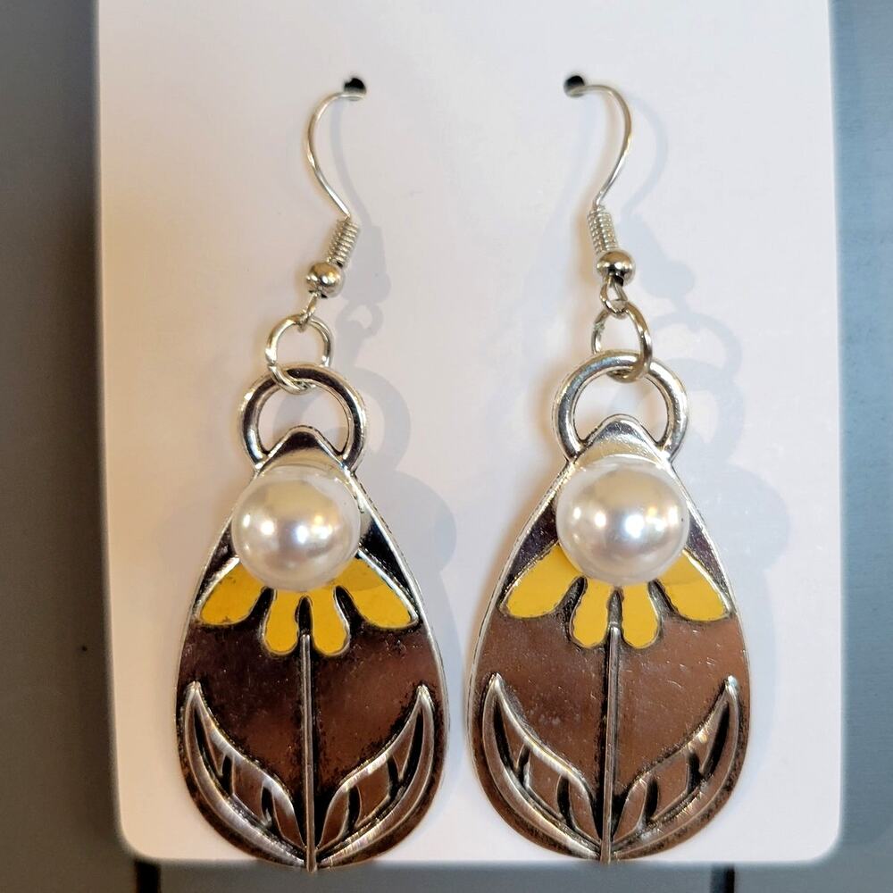 Boho Dangle Earrings Silver Tone Teardrop Floral  Yellow Enamel Faux Pearl 2.4"